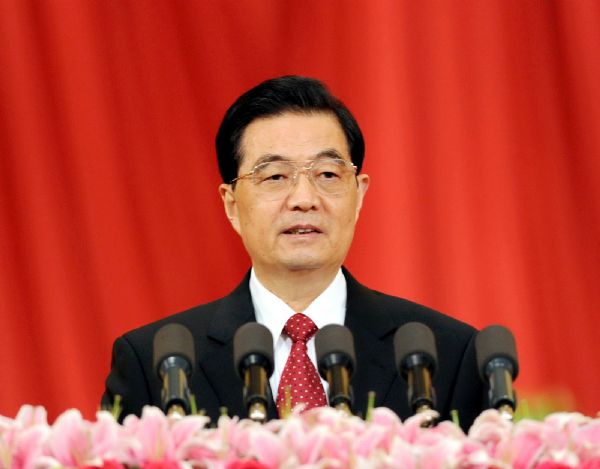 Chinese President Hu Jintao, also general secretary of the Communist Party of China (CPC) Central Committee, addresses a grand gathering marking the 90th founding anniversary of the CPC, in Beijing, capital of China, July 1, 2011. (Xinhua/Li Tao) (llp)